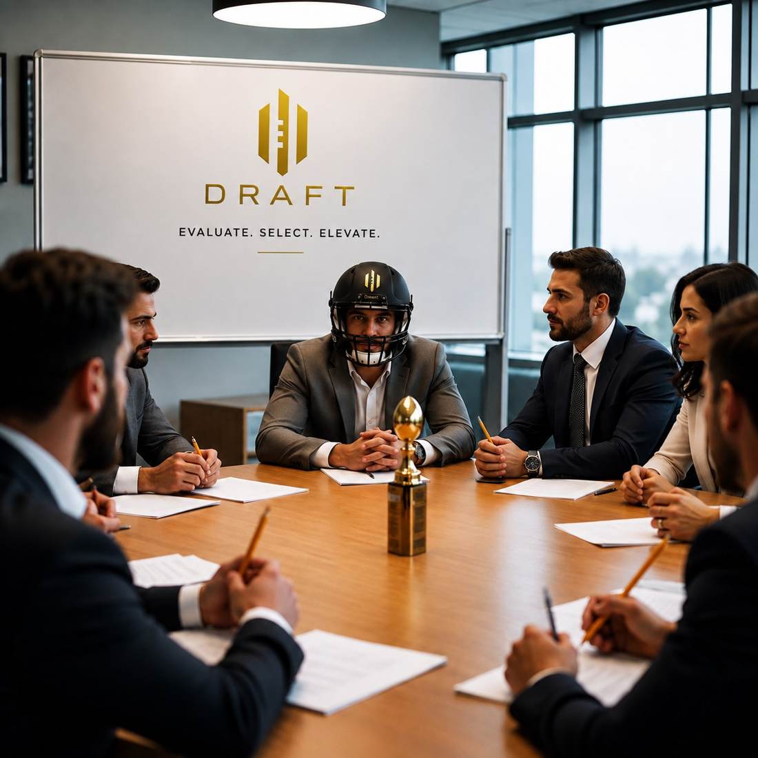 Equipo directivo de Draft en sesión de evaluación de talento, con el logo Draft al fondo