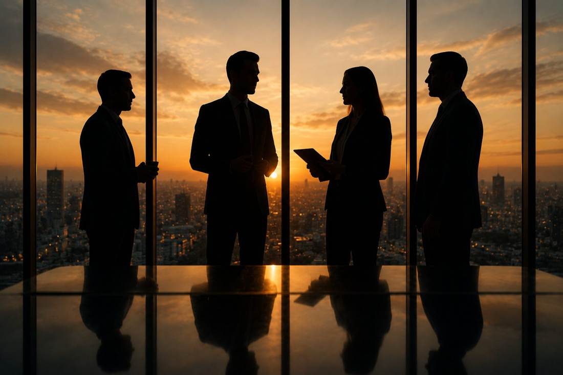 Equipo directivo en silueta frente al atardecer de la ciudad